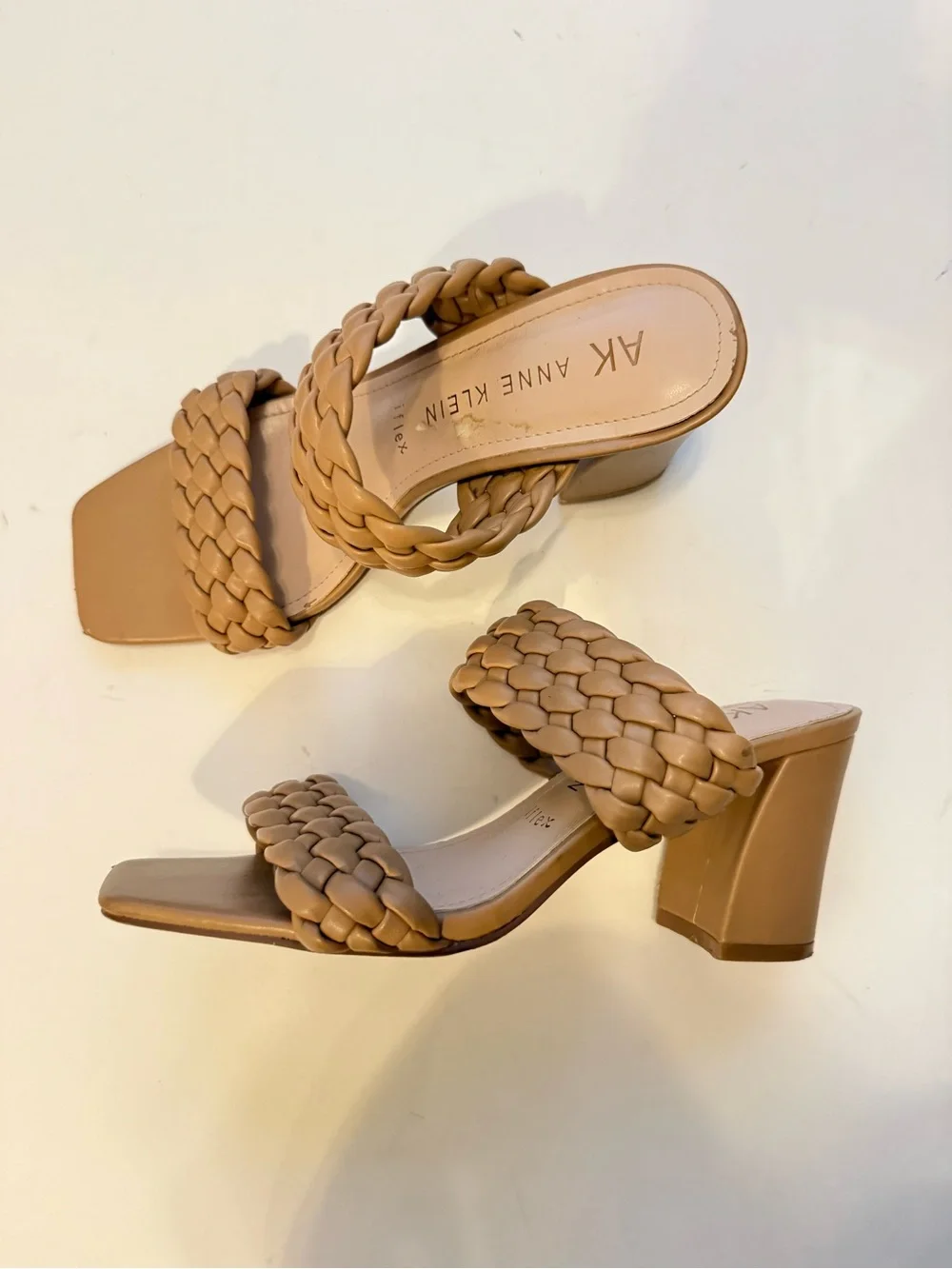 Anne Klein Braided Double-Strap Block Heel Mules in Nude 8